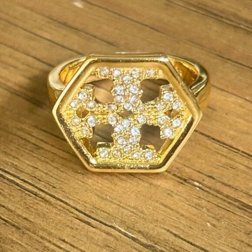 Tory Burch Hexagon Logo Pave Crystal Ring 7 new